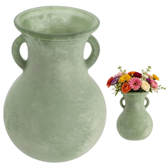 Retro Glass Vase, 5.9 x 8 in Green Marble Pattern Double-Handled Decorative Flower Holder with Wide Mouth, Elegant Ornament for Coffee Table, Home Interior, Office Space and Wedding Event Arrangement