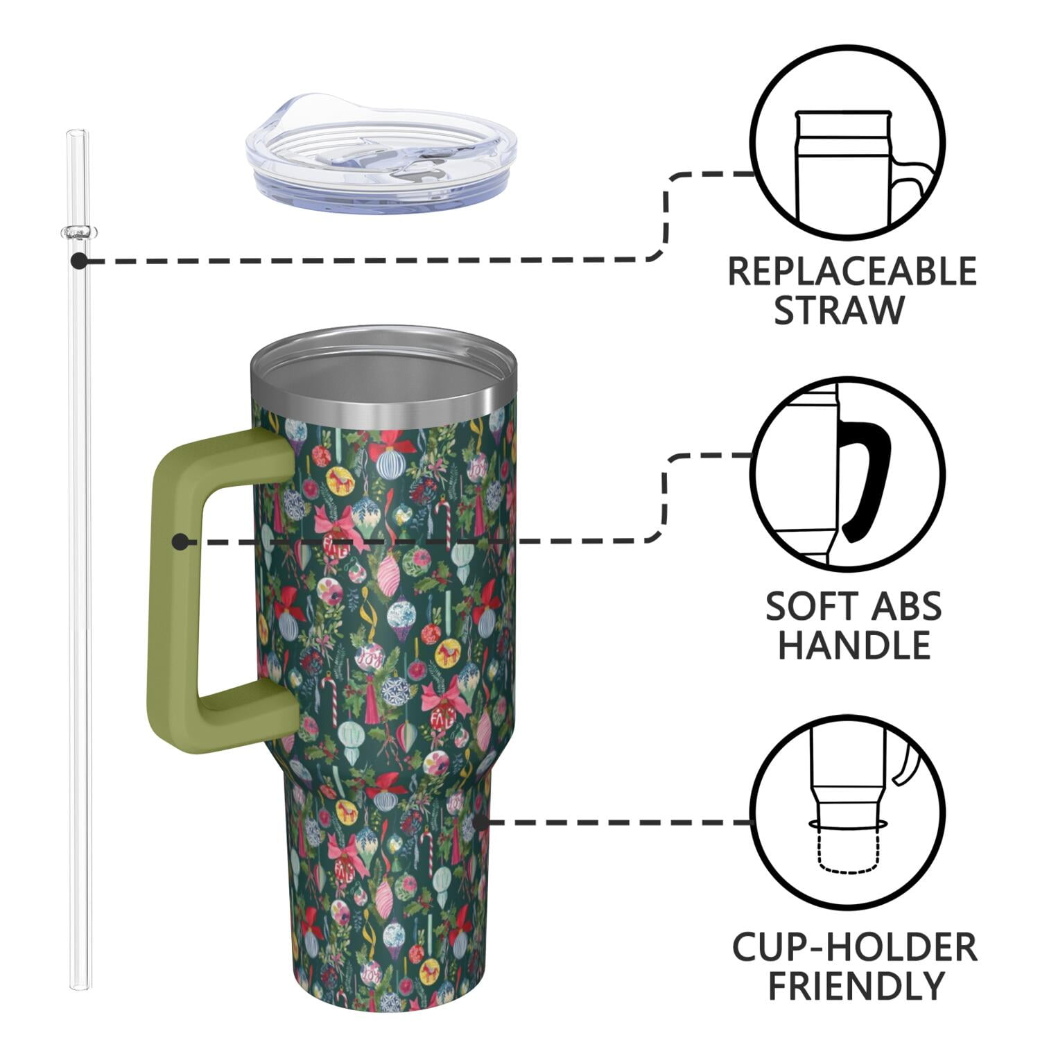 Dark Green Christmas Ornament Pattern Tumbler with Handle and Lid,40oz Double Wall Vacuum Insulated Tumbler,Cups Gift for Women and Men