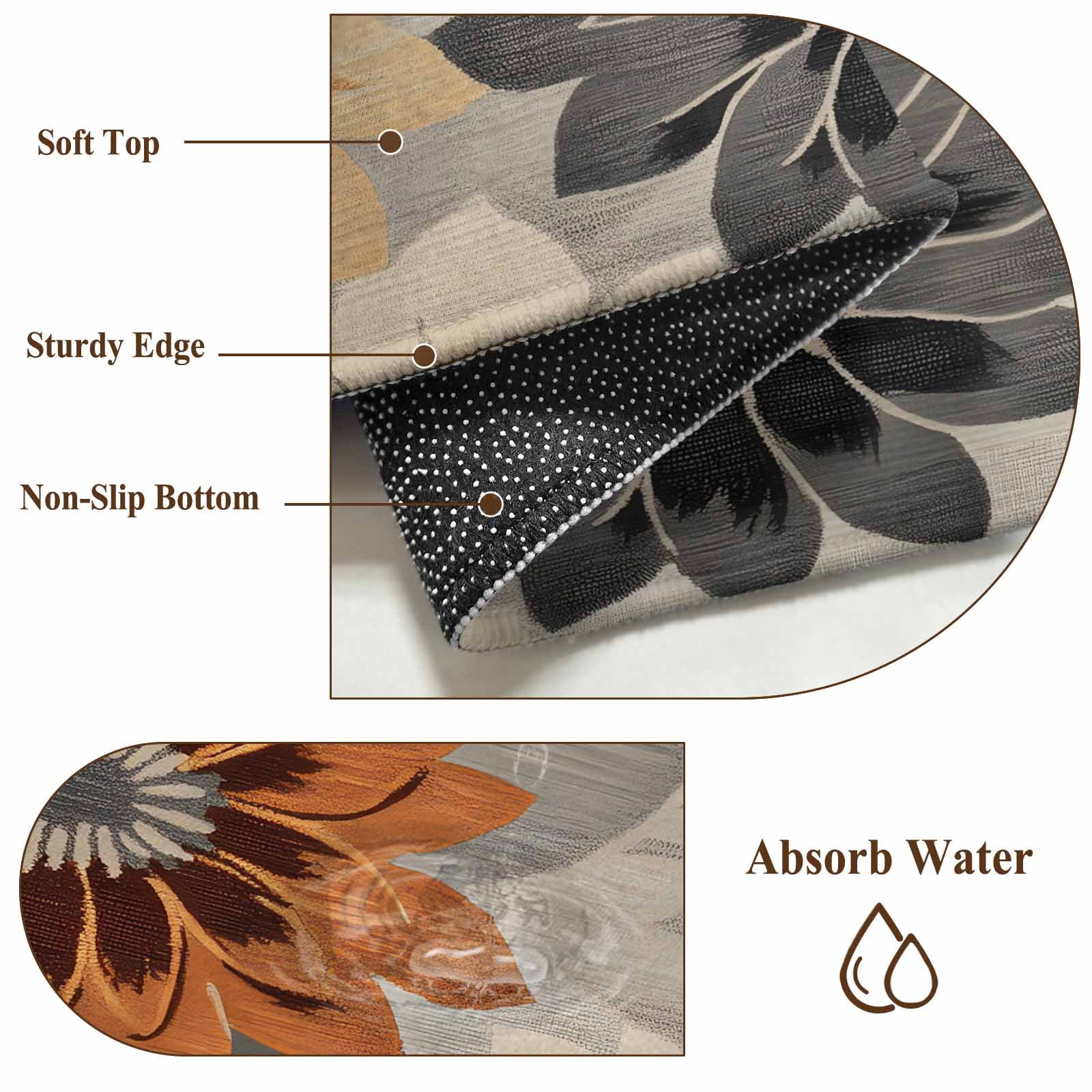 3'x5' Area Rugs, Burnt Orange Grey Black Flower Indoor Outdoor Area Rug for Living Room Bedroom, Spring Floral Botanical Washable Bathroom Rugs Kitchen Floor Carpet Mats Home Decor Aesthetic