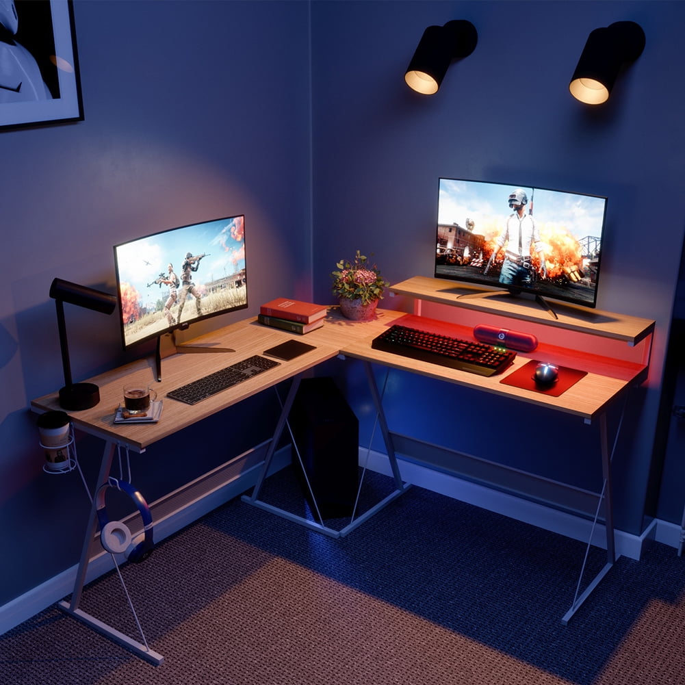 L-Shaped LED Computer Desk PC Corner Writing Table Workstation Home Office Desk 