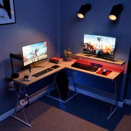 Bestier 55"L-Shaped Led Gaming Computer Desk, RGB Strip Light Corner PC Laptop Desk Study Table Workstation Home Office Desk with Large Elevated Ergonomic Shelf White
