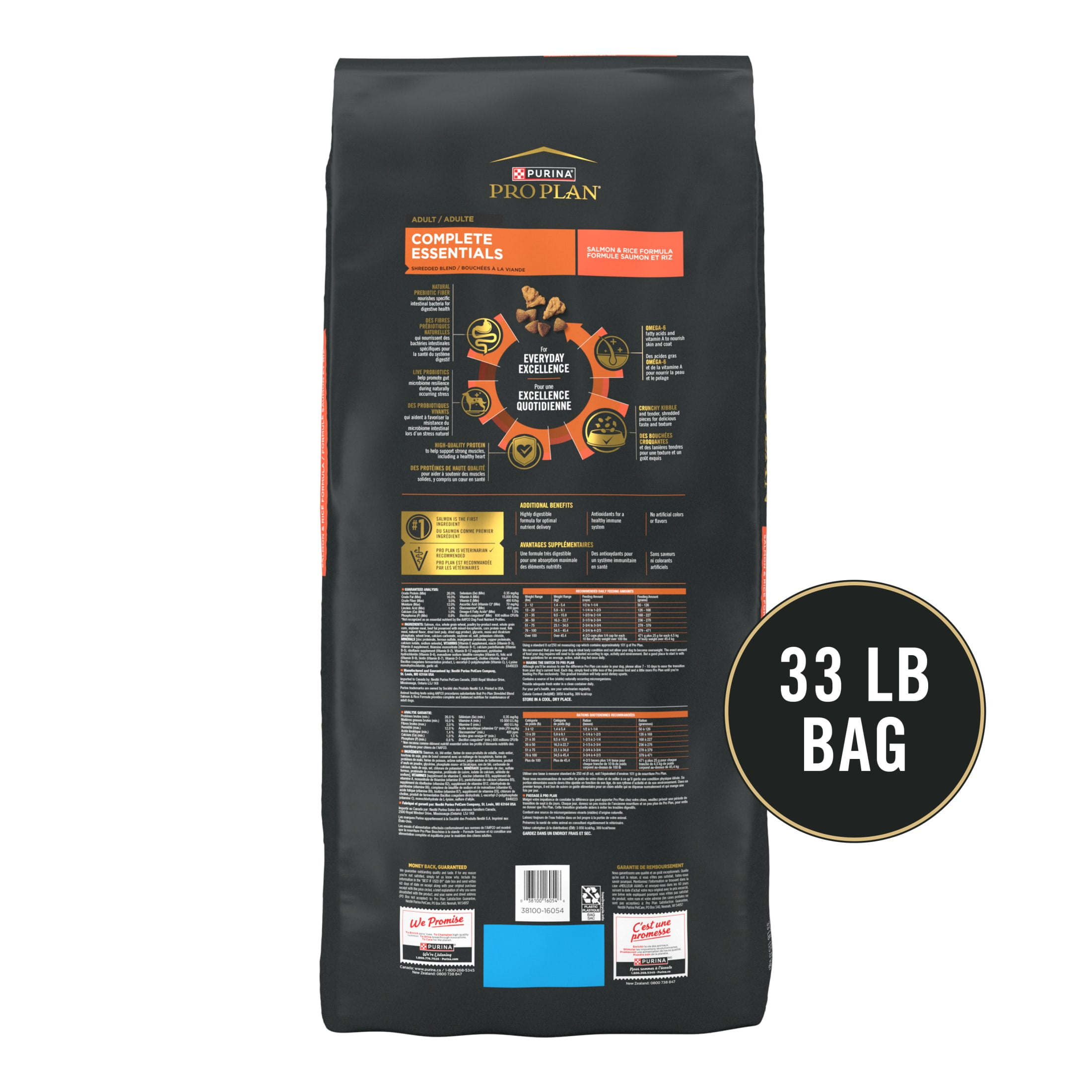 Purina Pro Plan Complete Essentials Shredded Blend Salmon and Rice Dry Dog Food Formula with Probiotics for Dogs, 33 lb Bag