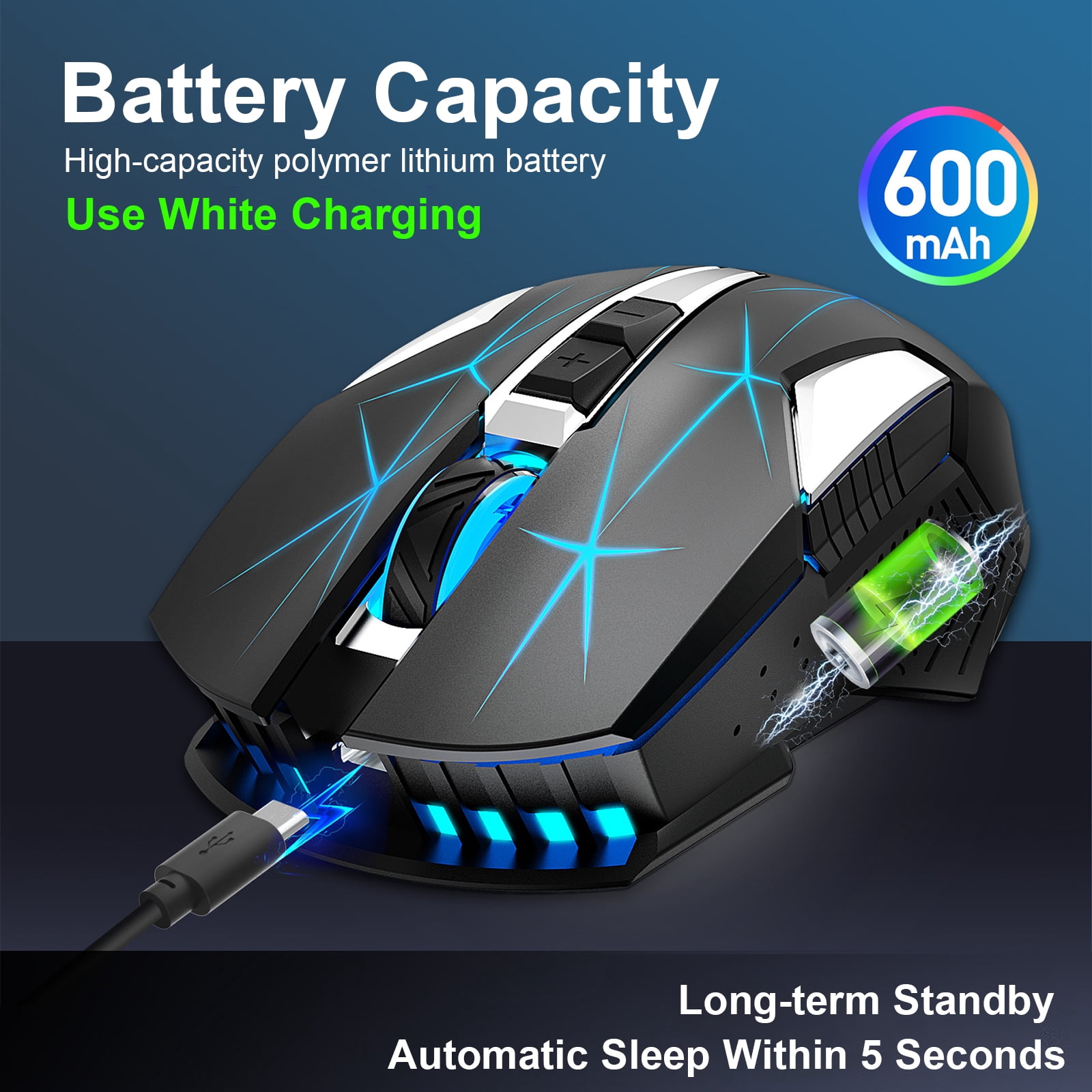Wireless Gaming Mouse for Laptop, Rechargeable USB 2.4G PC Gaming Mouse with 5 Adjustable DPI, 7 Colors LED Lights, 6 Silent Buttons, Ergonomic Optical Mouse for Computer, Laptop, Desktop, Mac, PC