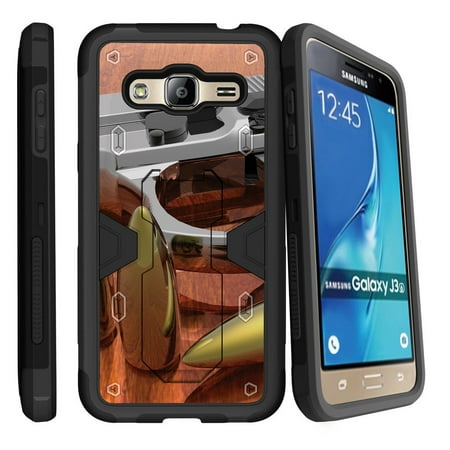 Samsung Galaxy J3, Galaxy Sky Dual Layer Shock Resistant MAX DEFENSE Heavy Duty Case with Built In Kickstand - Gun and