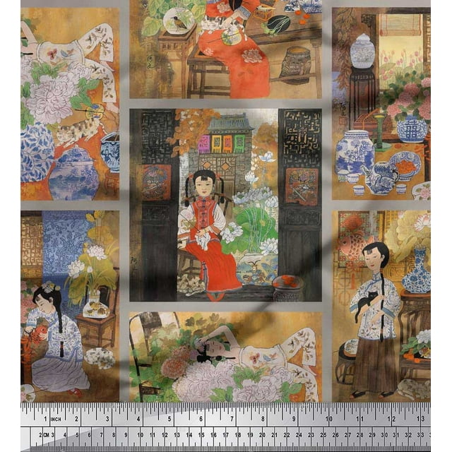 Soimoi Poly Georgette Fabric Flower Vase,Cat & Girl Patchwork Print Fabric by Yard 42 Inch Wide