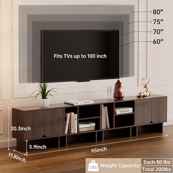 TV Stand for 100-Inch TV with Storage Sideboards Bookcase and Adjustable Shelves for Living Room Bedroom Dining Room Walnut
