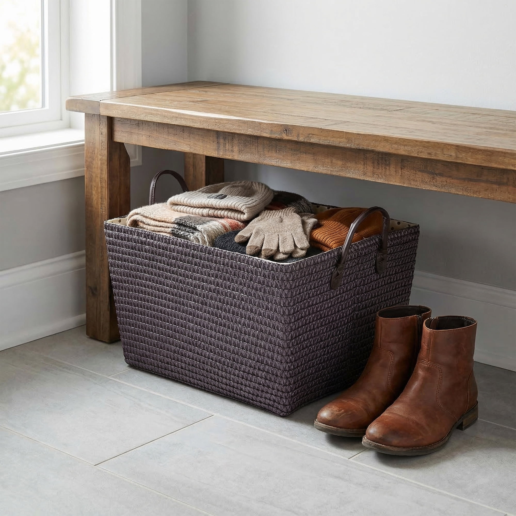 Unique Bargains Woven Storage Basket Shelf Closet Storage Bin Coffee 17.7*13.8*9.8in