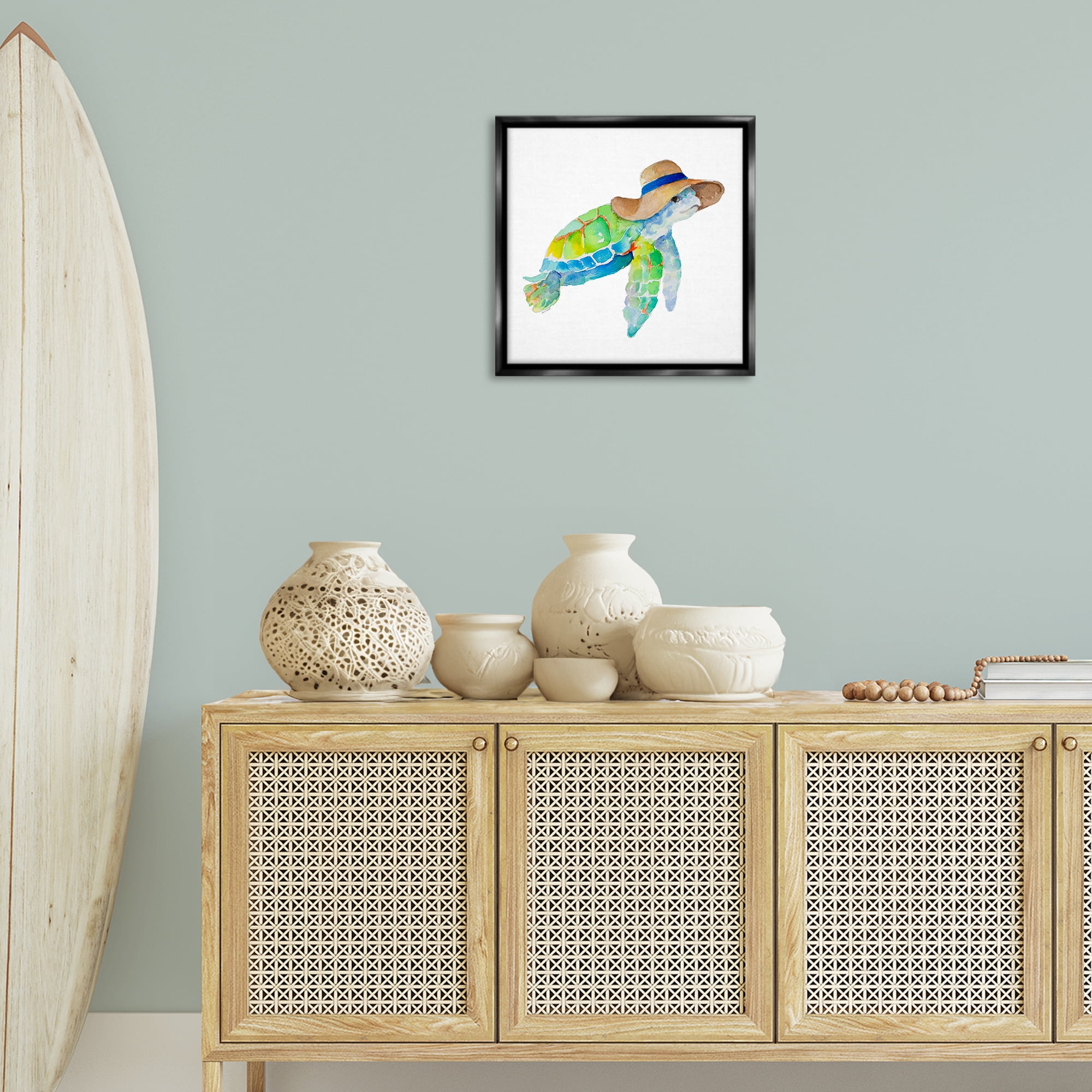 Stupell Industries Beach Ready Turtle Novelty Painting Black Floater Framed Canvas Art Print Wall Art, 18 x 18