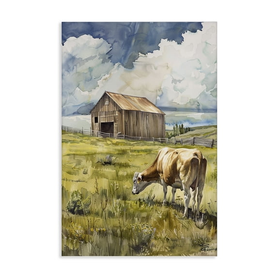 Stupell Industries Cow in Vast Field Landscape & Nature Painting Wrapped Canvas Art Print Wall Art, 16 x 24