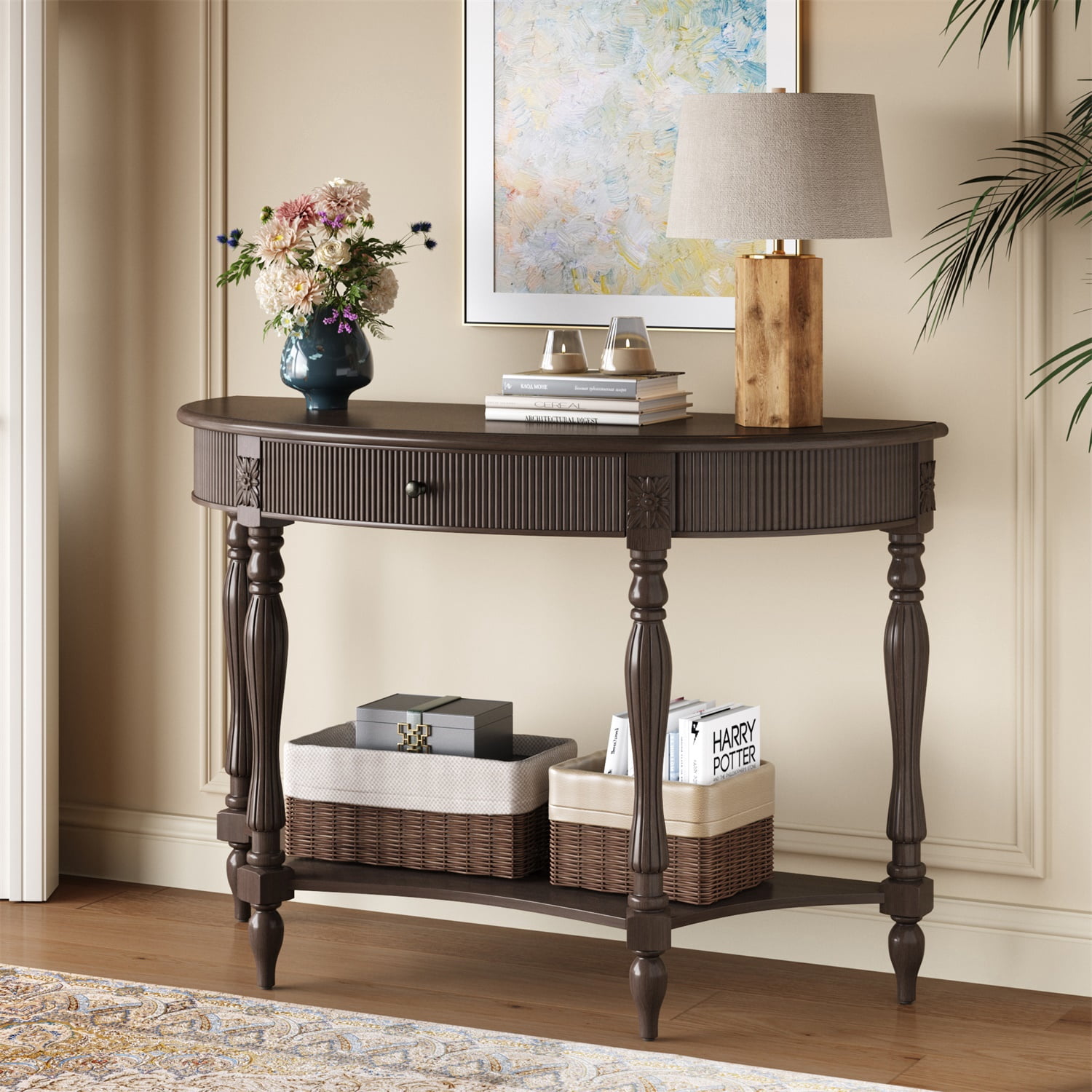 Hommoo Solid Wood Half Moon Console Table with Drawer & Open Shelf, Vintage Fluted Front, Narrow Semicircular Entryway Table for Hallway, Foyer, Living Room or Behind Sofa, Rustic Brown