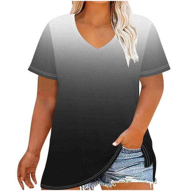 Camiseta de Base de Impresión de Manga Corta con Cuello en V para las Mujeres, Más Tamaño Estante de Imitación Casual Superior