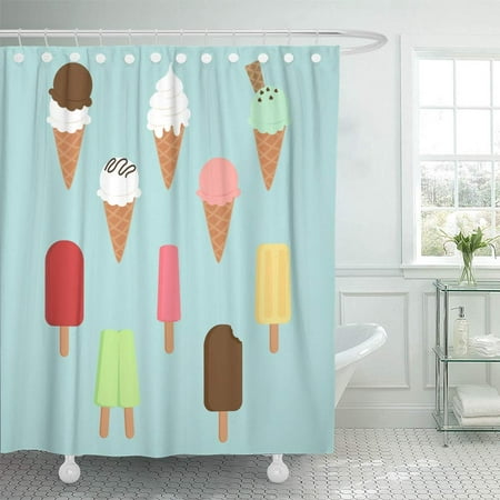 PKNMT Pink Cone of Ice Creams and Popsicles Red Flat Summer Pop Stick Chocolate Lolly Fun Shower Curtain Bath Curtain 66x72