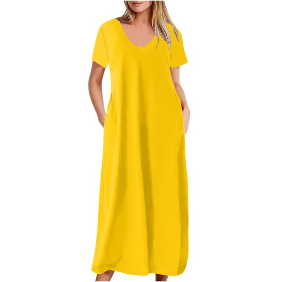 AherBiu Plus Size Dresses for Women Short Sleeve V Neck Summer Casual Comfy Long T-Shirt Dress with Pockets