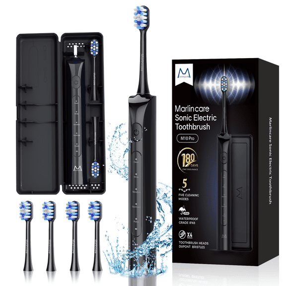 Marlincare Sonic Electric Toothbrush for Adults,Rechargeable Powered Toothbrush,180-Day Battery, 12x Plaque Removal,IPX8 Waterproof, Black