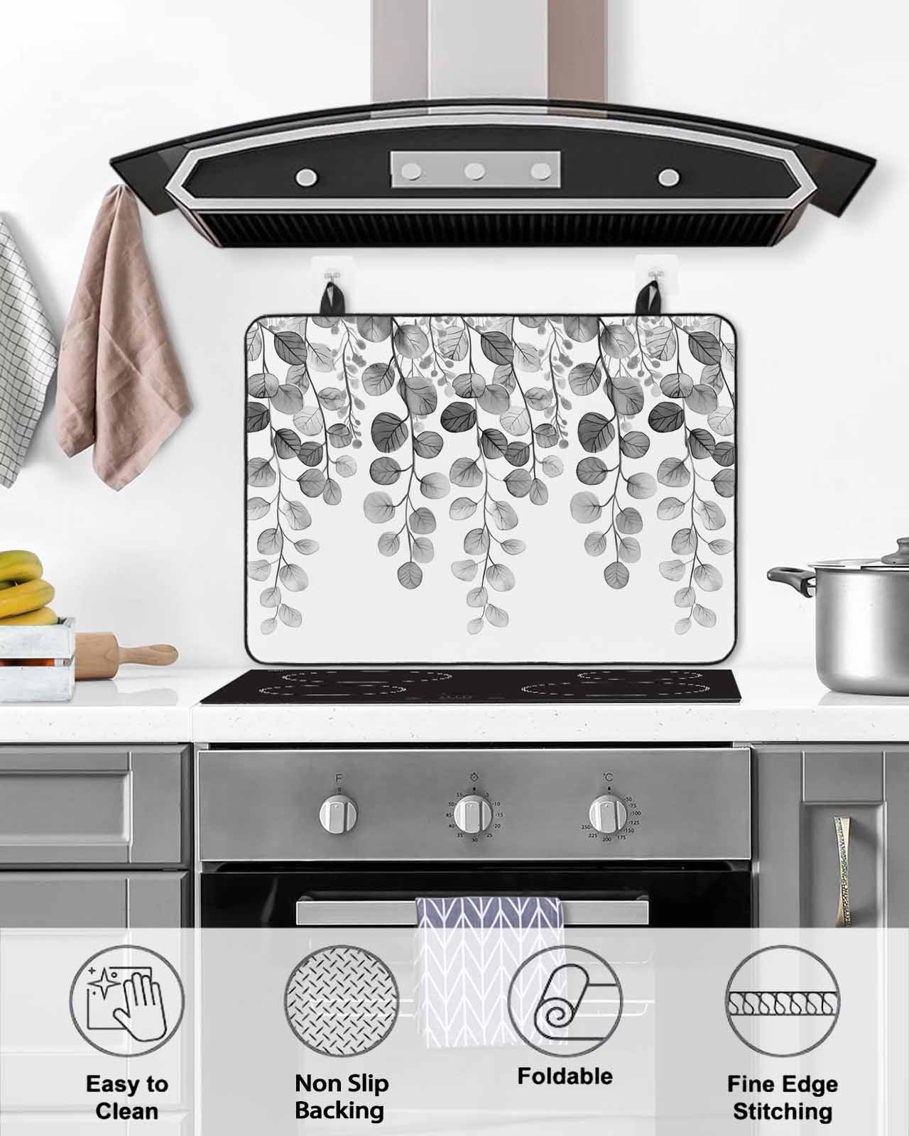 nqOlkjepod Large Induction Cooktop Protector Mat 24"x21", Gray Eucalyptus Leaves Stove Top Covers for Electric Stove, Watercolor Floral Leaf Plants Stove Burner Cover Mats, Glass Top Stove Cover