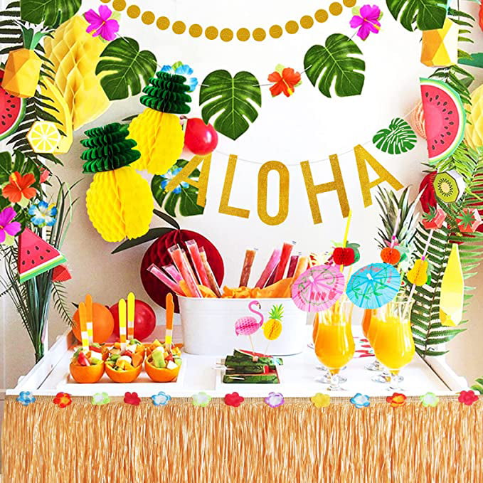 Autrucker Tropical Party Decoration Hawaii Luau Grass Table Skirt, Hibiscus  Flowers, Palm Leaves, Paper Pineapple 3D Fruit Straws Luau Party Supplies