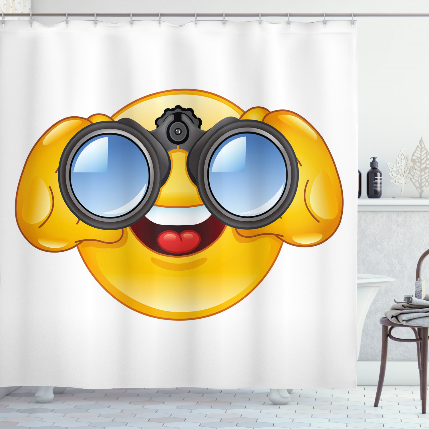 Emoji Shower Curtain, Smiley Face with a Telescope Binoculars Glasses Watching Outside Cartoon