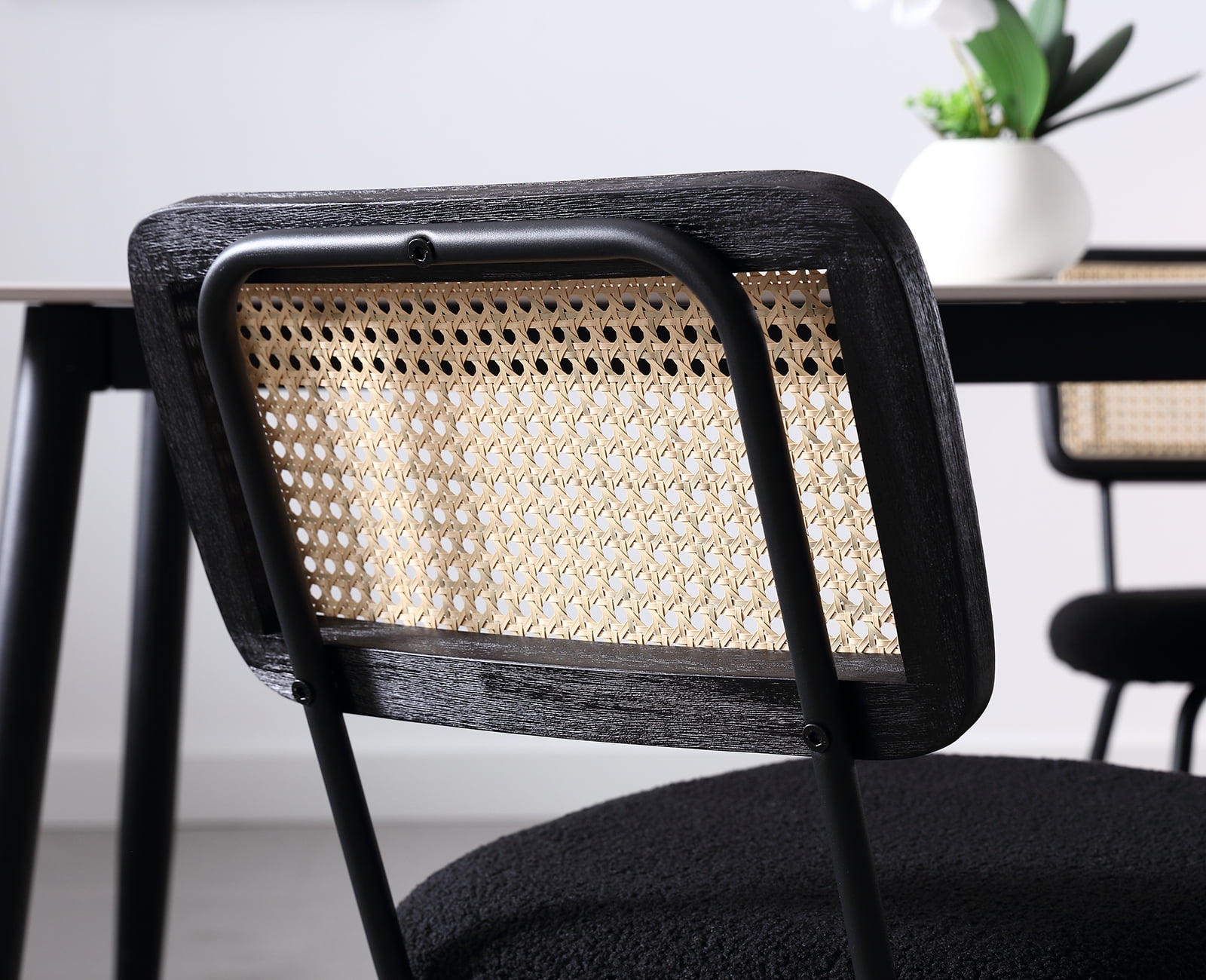 Dayalane Rattan Dining Chairs Set of 4, Sherpa Upholstered Kitchen Chairs with Cane Back, Mid-Century Modern Armless Dining Side Chairs with Metal Legs for Dining Room Living Room Restaurant, Black