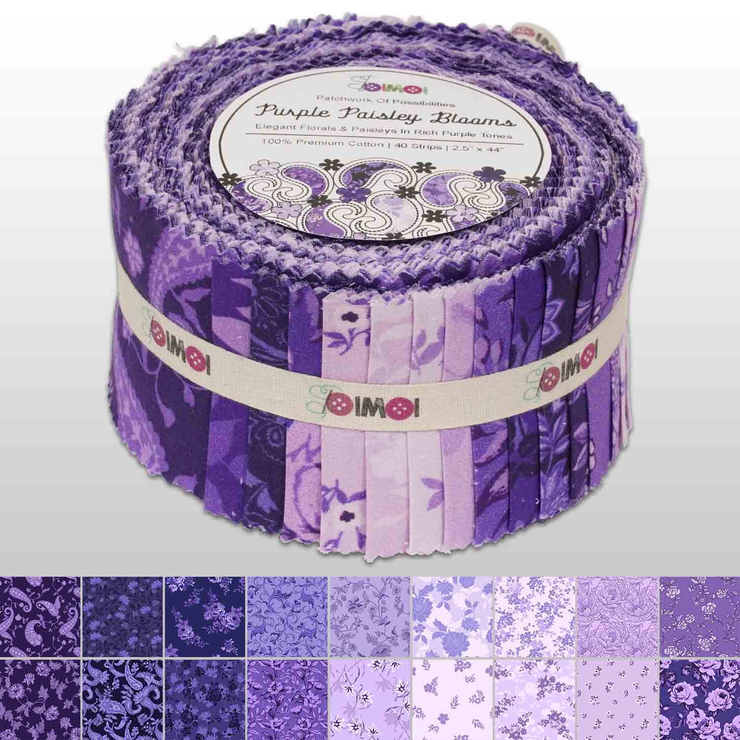 Jelly Roll 40 Strip Assorted Bundle, 2.5" Fabric Strips for Quilting, Crafting and Sewing, 100% Cotton Fabric Jelly Roll for Scrapbooking, Precut Quilt Projects, DIY Crafts - Purple Paisley Blooms