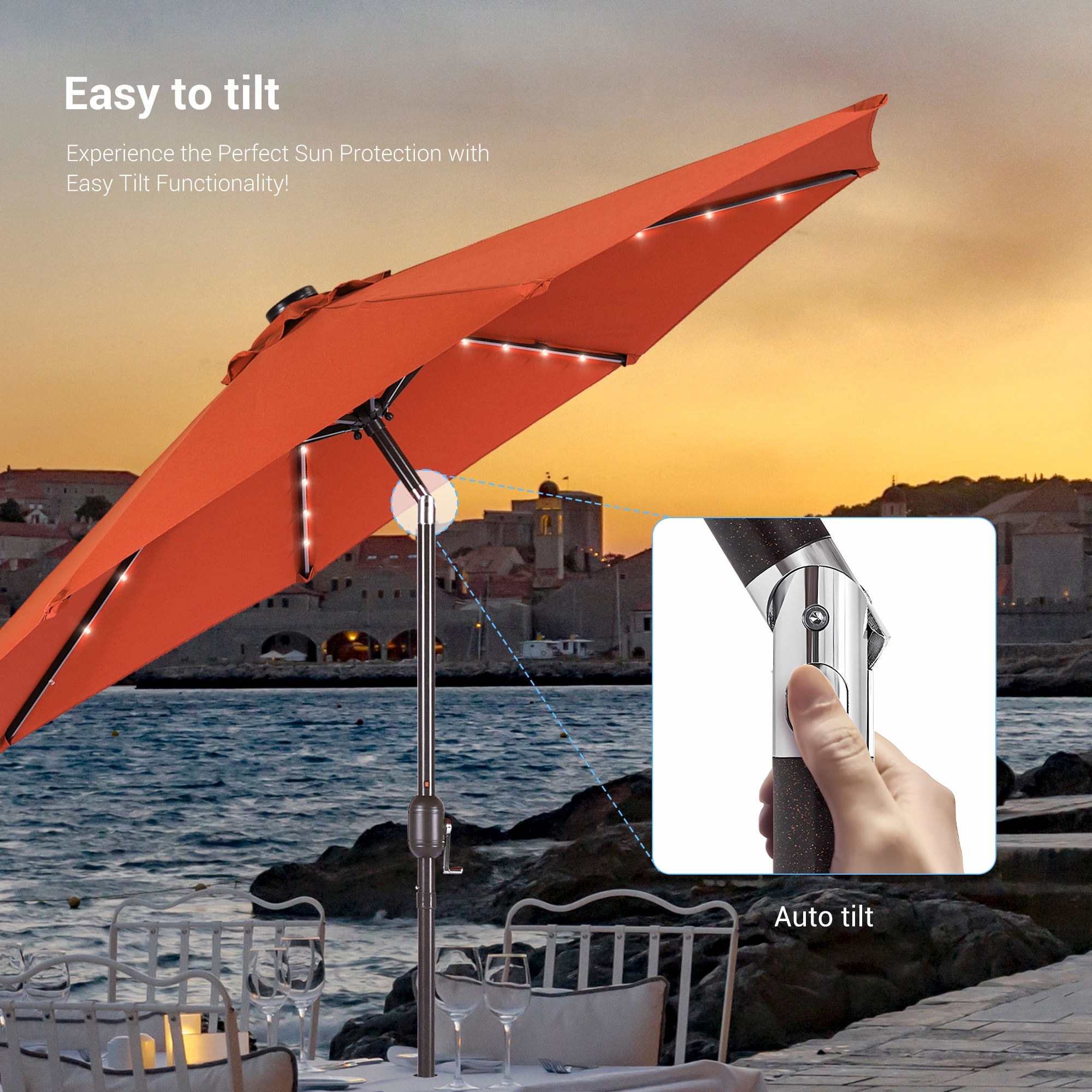 CHYVARY 10Ft LED Round Patio Umbrella with Large Canopy Outdoor Table Umbrella for Garden, deck and pool, Orange