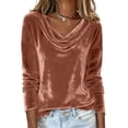 thumbnail image 3 of CHIUNL Colorful Gold Velvet Pullover Top, Elegant Long Sleeved T-shirt for Women, Cowl Neck Design Fashionable Women Clothing, Spring Dressy Outfits for Party Banquet Holidays (Khaki XL), 3 of 8