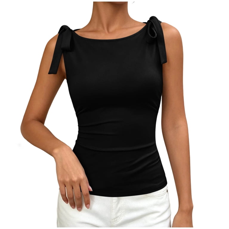 ctdiral Womens Boat Neck Crop Tank Top Tie Shoulder Tanks Solid