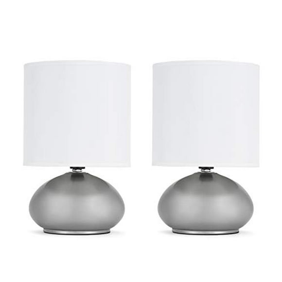 Catalina Lighting Caden 2-Pack Mini 9-inch Metal Touch Accent Lamps with Linen Drum Shades, Silver, 18581-000, 9.25",
