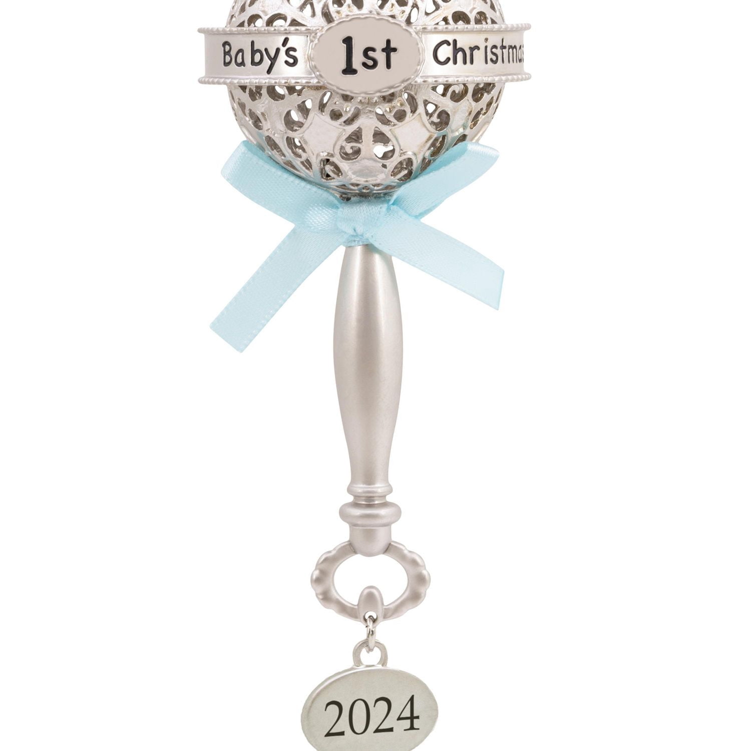 Décoration Hallmark de Noël (Hochet argenté décoré d'un ruban bleu « Baby's 1st Christmas 2024 », décoration métallique haut de gamme)