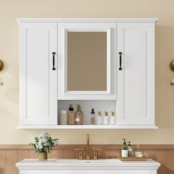 DEALTOPS 36" Bathroom Mirror Cabinet with Storage, Adjustable Shelves, Modern Wall-Mounted Medicine Cabinet in White