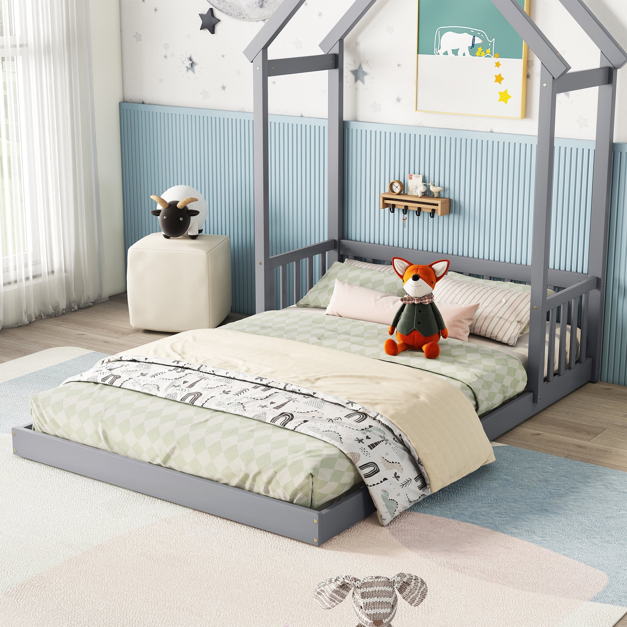 Euroco Full Size Pine Wood Platform Bed, House Floor Bed for Kids, Gray