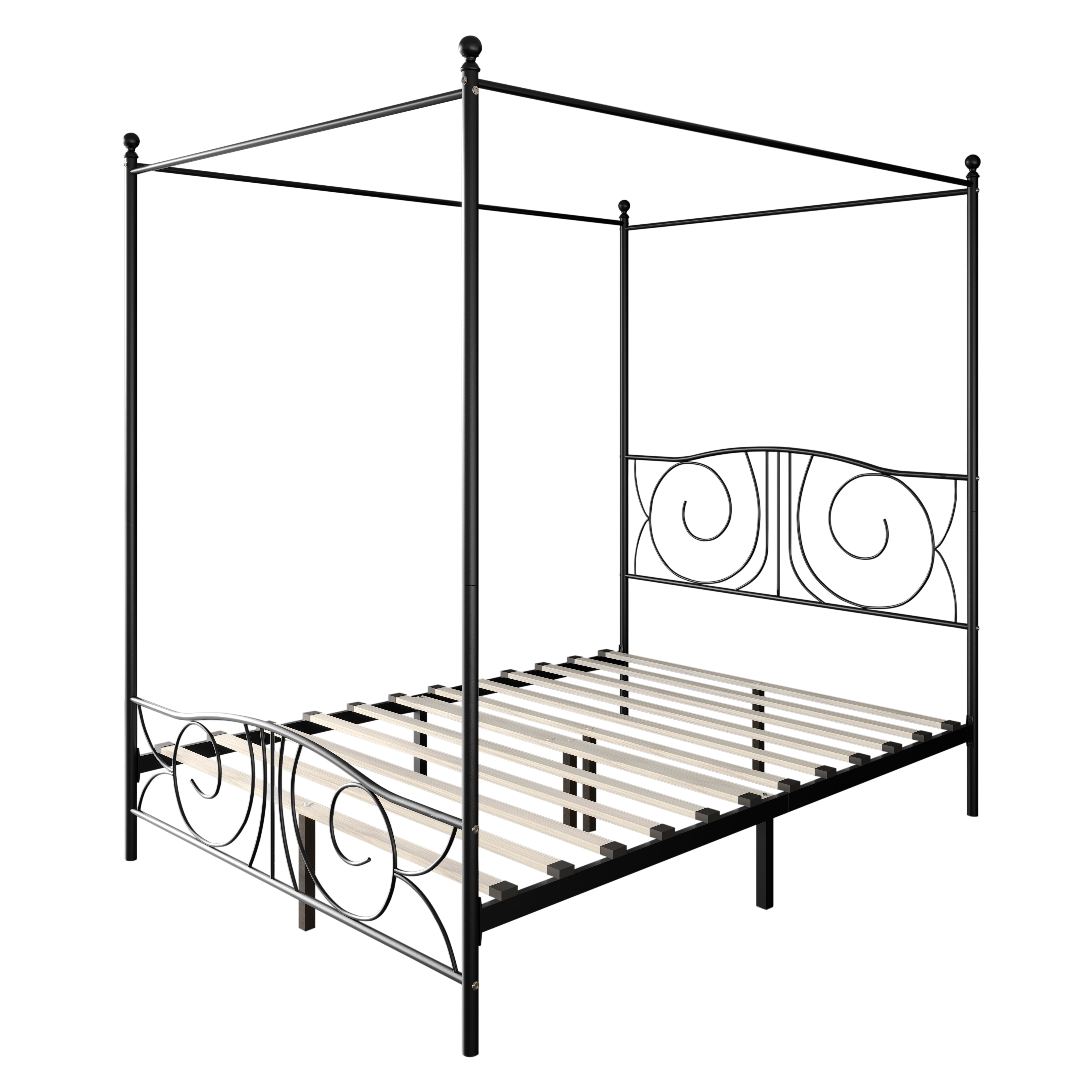 Castle Place Ornate Ironwork Full Metal Platform Canopy Bed, Black