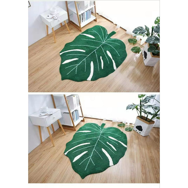 Homgreen Monstera Non Slip Bath Mat or Kitchen Tufted Rug,Plant Leaf Shaped  Kids Pets Floor Mat Carpet,Green,15.7x23.6inch