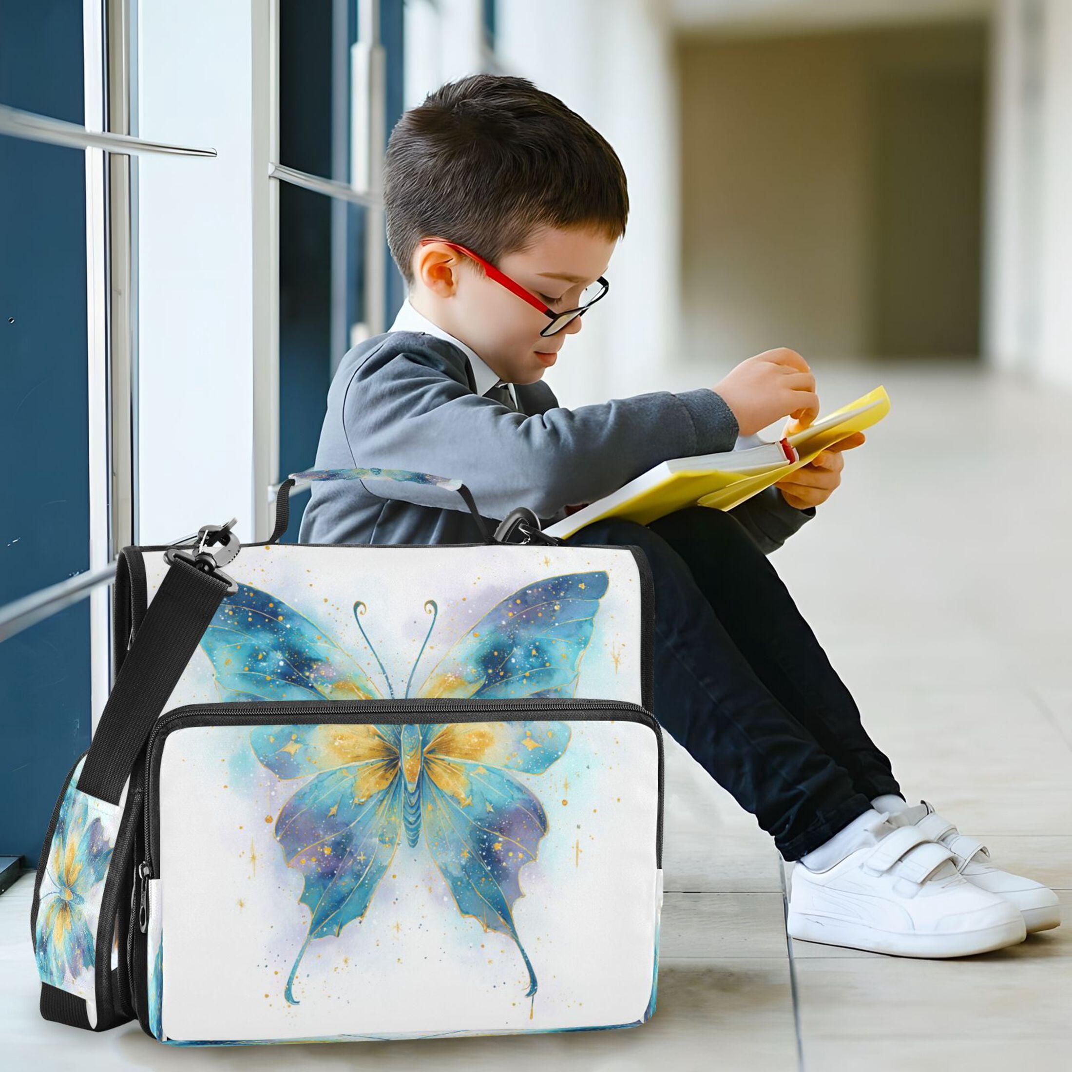 3 Ring Zipper Binder Stationery Organizer for Study Work Home Travel, All-Purpose File Folder Storage Bag for Daily Document Organization Nocturnal Azure Butterfly