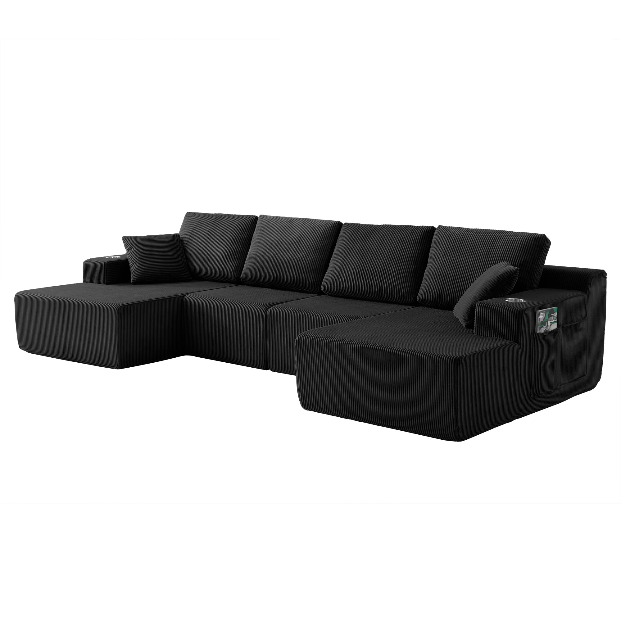 Leumius 130" U Shaped Sectional Couches with Chaise,Modern Deep Seat Boneless Corduroy Cloud Modular Sofa for Living Room,Black