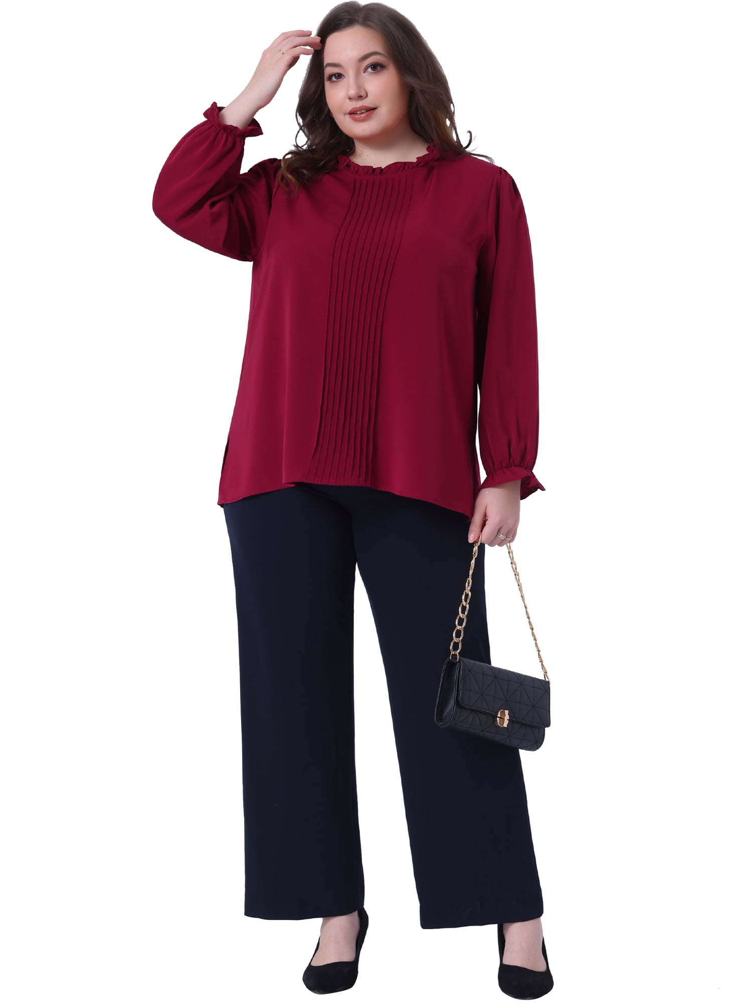 DARING DIVA Women's Plus Long Sleeve Ruffle Crew Neck Casual Blouse 4X Burgundy