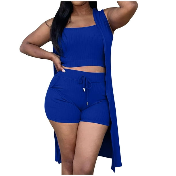 Mujeres Casual Verano Cuello redondo Sin mangas Tops y pantalones cortos Conjunto de tres piezas Traje Wmkox8yi bvn3682