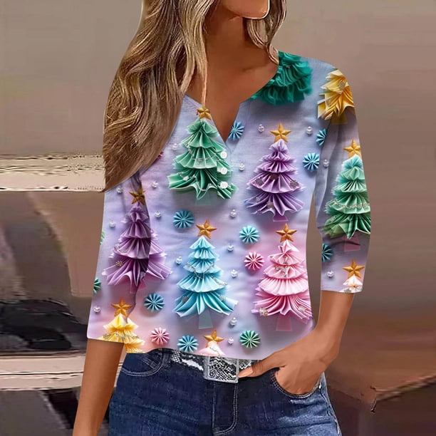 Fiudx Ropa de Mujer Blusa de Manga 3/4 Corta Estampada a La Moda para Mujer, Blusa Informal con Cuello Redondo