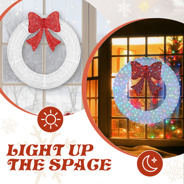 Alvantor 36-Inch Metal Christmas Wreath with 165 LED Lights, Red Bow, Remote and Timer, White