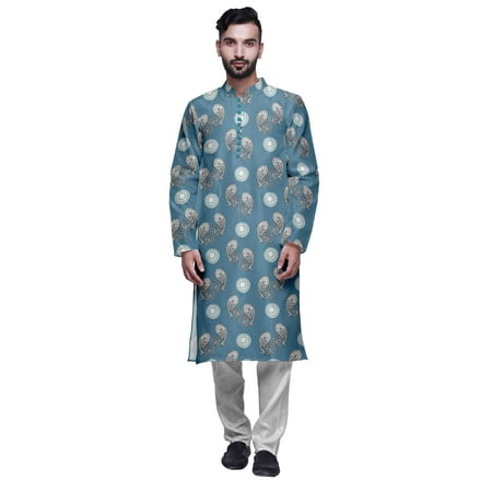 

Atasi Printed Long Kurta For Men With White Churidar Pyjama Set Traditional Wear