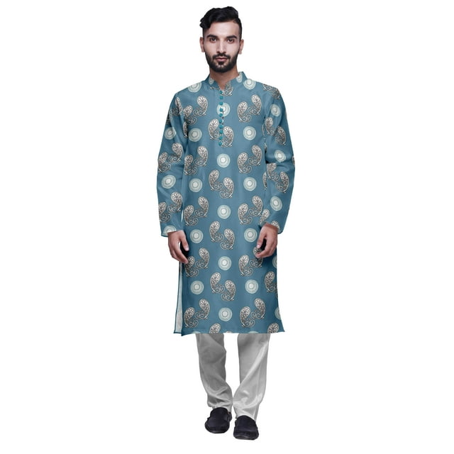 Atasi Kurta Long Imprimé pour Hommes avec Ensemble de Pyjama Churidar Blanc Tenue Traditionnelle