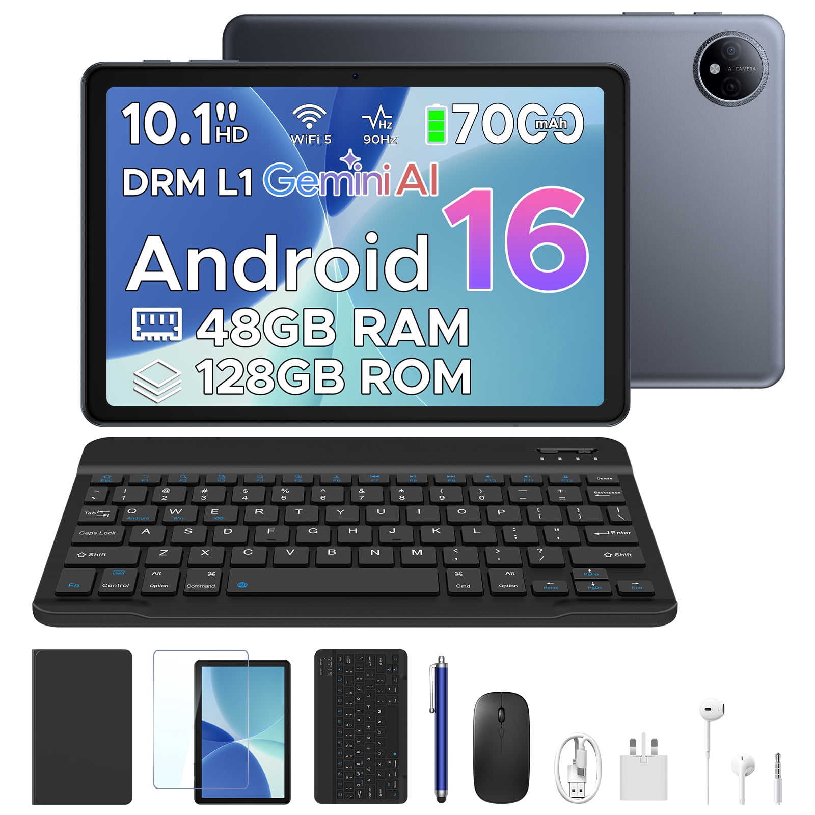 POCKAM P10 10.1 inch Tablet, 48GB RAM+128GB ROM, Android 16 Tablet with Gemini AI, 7000mAh, Unisoc T310 Quad-Core, 90Hz, 8MP+5MP, Dual Speakers, Headphone, Tablet with Keyboard, Pen, Case