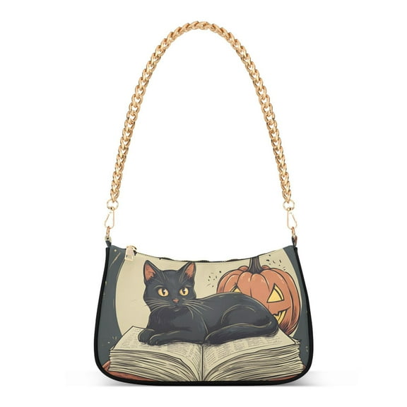 FORMRS Womens Shoulder Bag with Chain Strap Clutch Purse Cute Tote Handbag, Black Halloween Cat