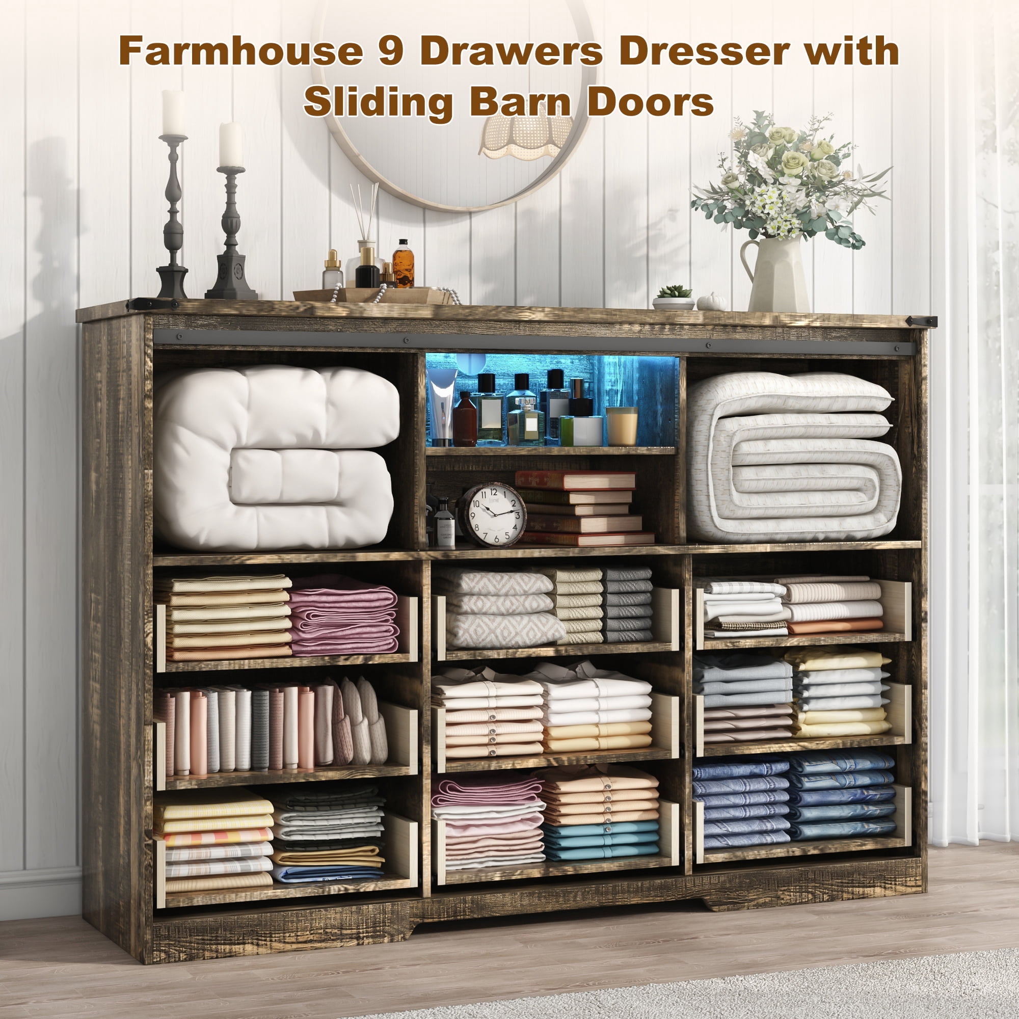 ChVans 63'' Farmhouse Dresser with LED Light & Power Outlet, 9 Drawers, 2 Sliding Doors, 2 Storage layers, Rustic Dresser TV Stand for 70in TV, Wood Storage Cabinet for Bedroom, Living Room, Hallway
