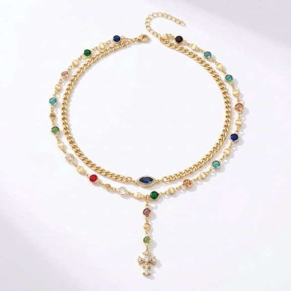 RUNDRAW Gold Plated Multicolor CZ Layered Chain Necklace with Cross Drop Pendant Dainty Stackable Choker for Women