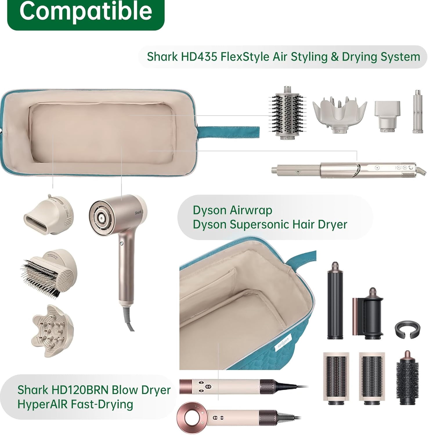 Aorsher Hair Dryer Travel Storage Bag Compatible with Shark Flex Style, Portable Organizer Bag for Styling Tools for Hair Dryer Brush, Flat Iron & Curling Iron Accessories, Teal Green