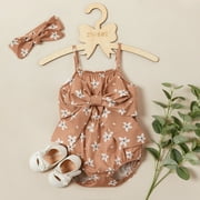 PatPat 2-piece Baby Bowknot Decor Flower Print Strappy Romper and Headband Set