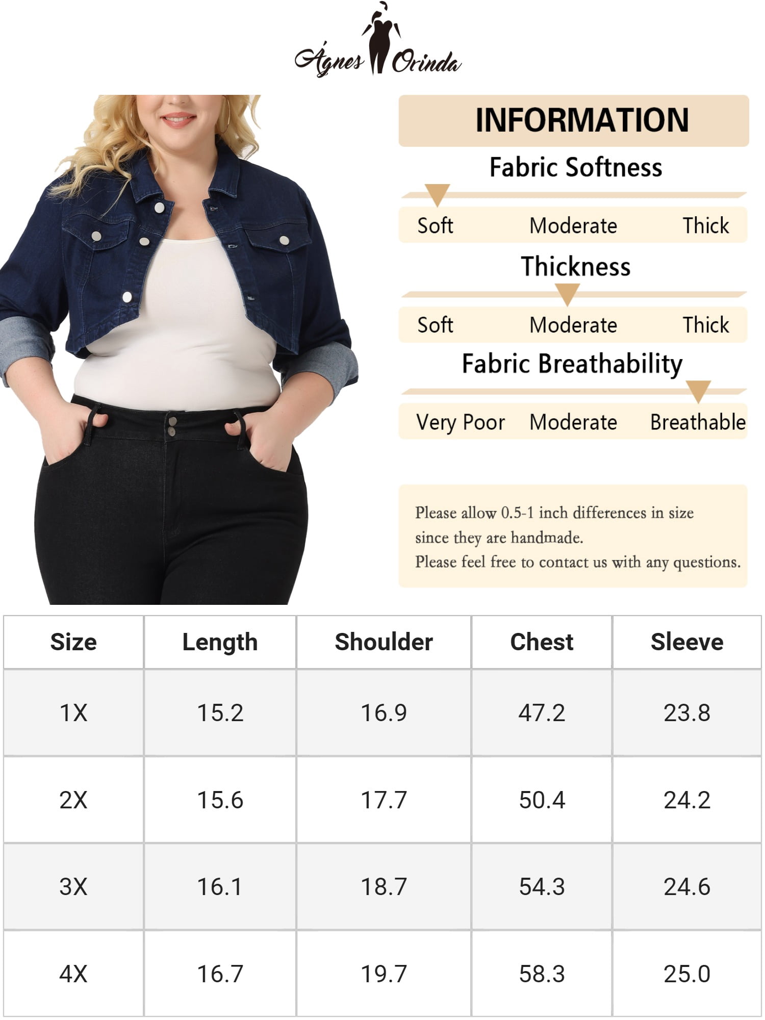 Unique Bargains Women's Plus Size Washed Notched Lapel Cropped Denim Jacket 1X Black Blue