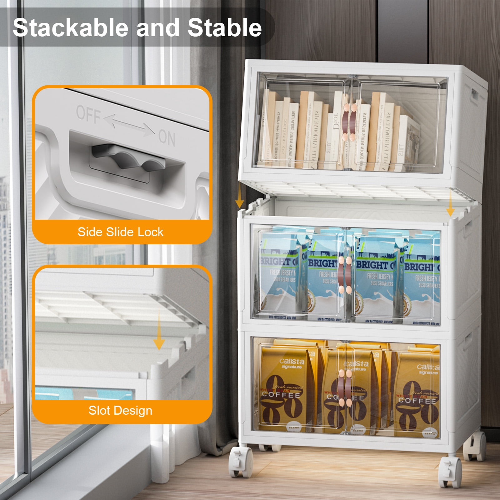 UAMFURI 672QT Stackable Storage Bins with Lids and Wheels, Foldable Closet Organizers, 28GAL*6Pack Plastic Storage Drawers for Kitchen, Bedroom, Dorm