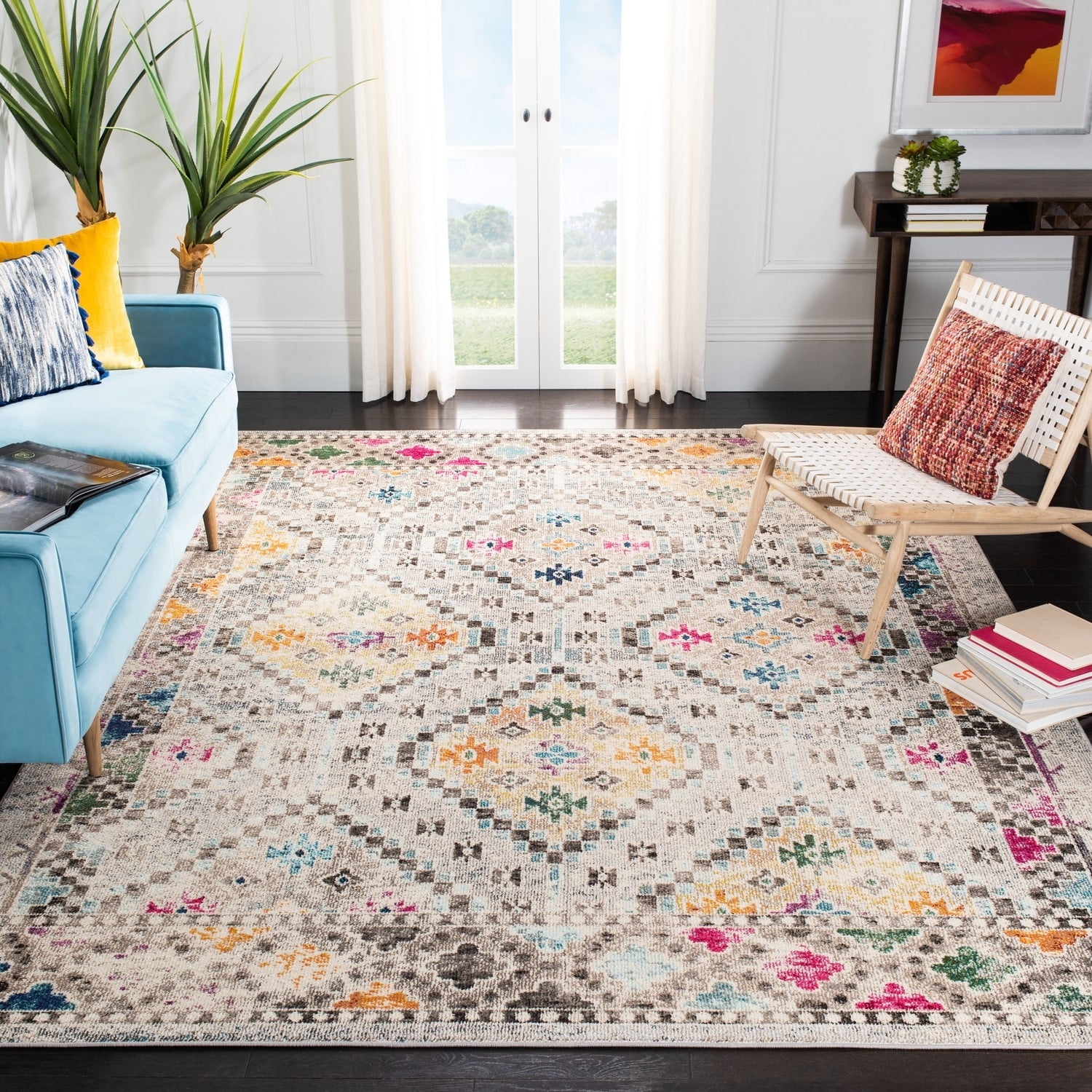 SAFAVIEH Madison Lanford Vintage Geometric Area Rug, Grey/Yellow, 9' x 12'