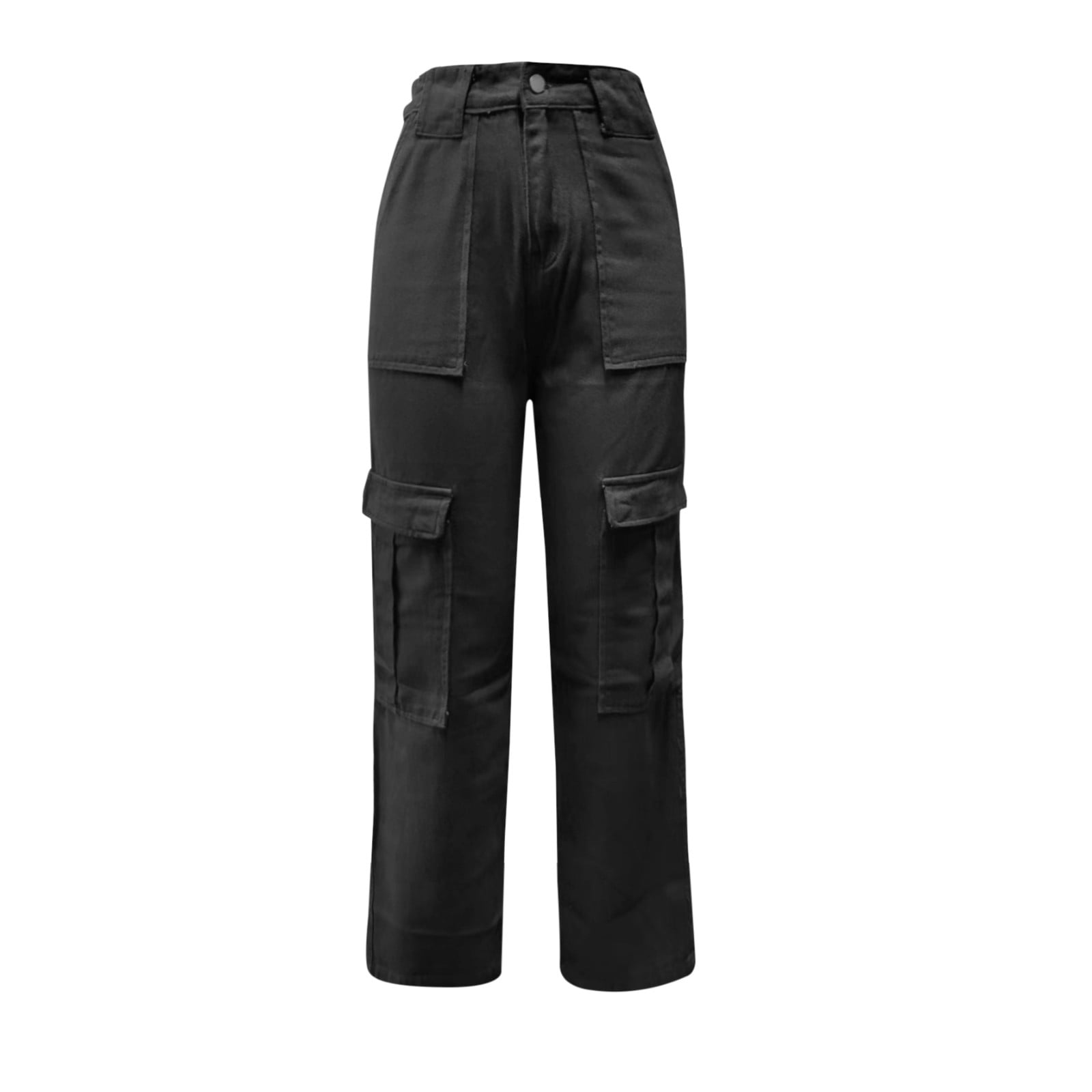 Women Casual High Waisted Cargo Pants Wide Leg Casual Denim Trousers Multi  Pocket Cargo Jeans Black XXL 
